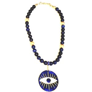 Blue Agate Natural Stone Beaded Necklace with Enameled 14k Gold Plated Pendant.